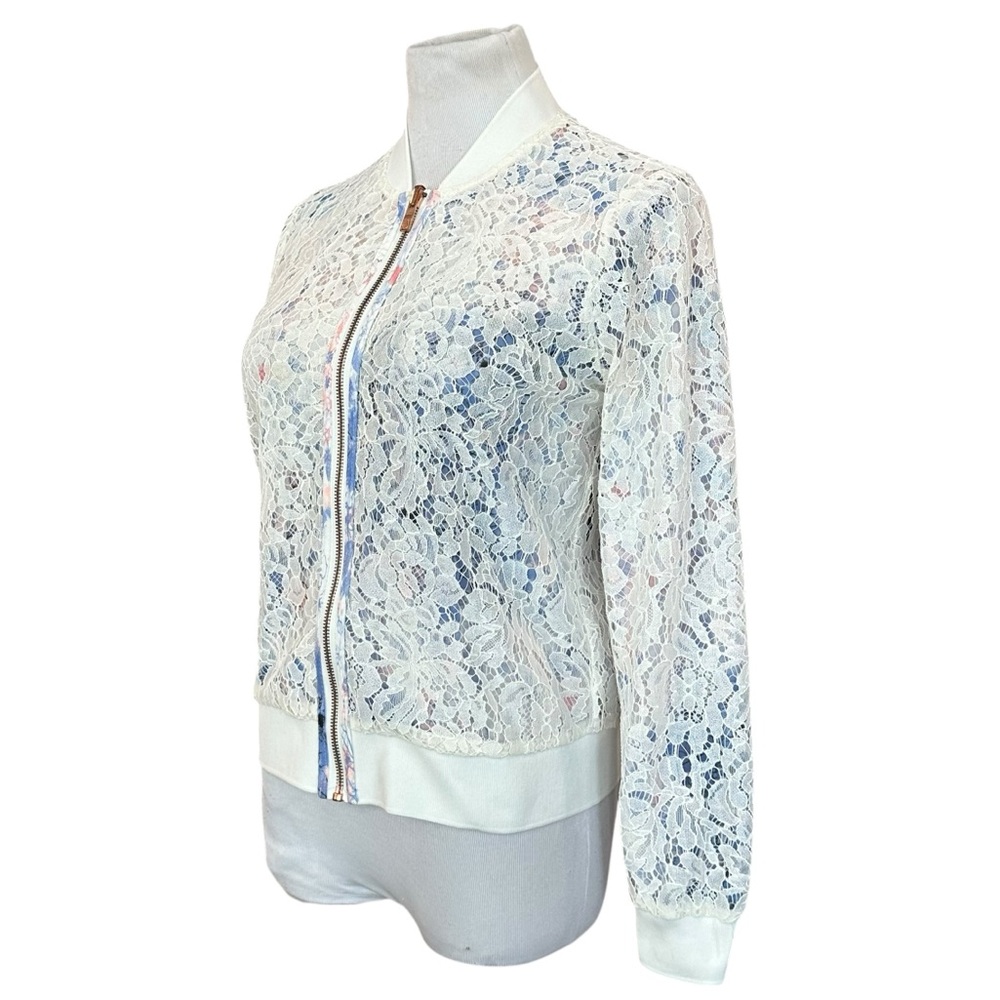 Candies Blue & White Floral Crochet Lace Reversible Bomber Jacket - Size Medium - Picture 10 of 14